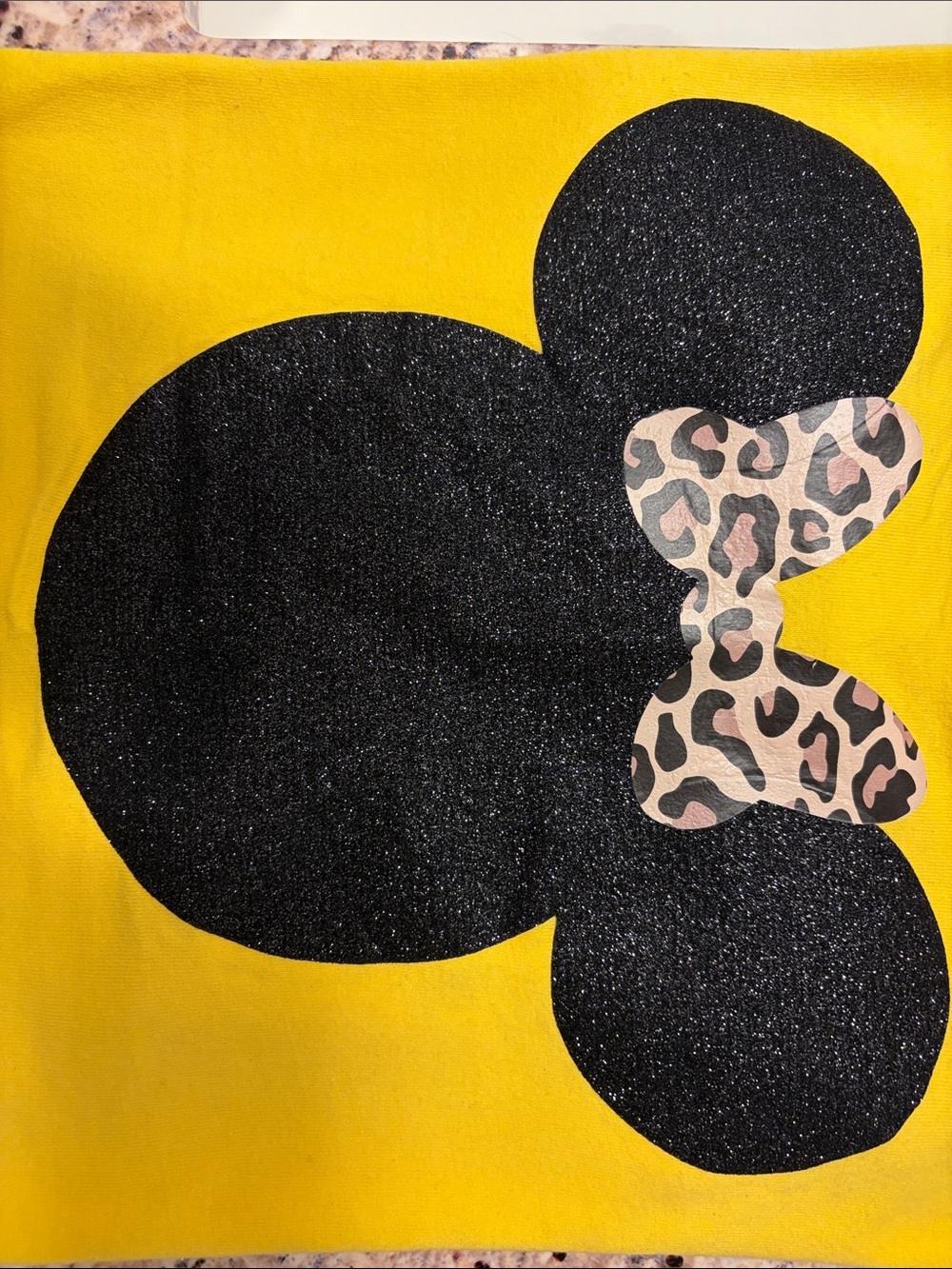 Gildan Yellow woman’s Tee with black sparkly Minnie Silhouette and Leopard Bow - Picture 3 of 3